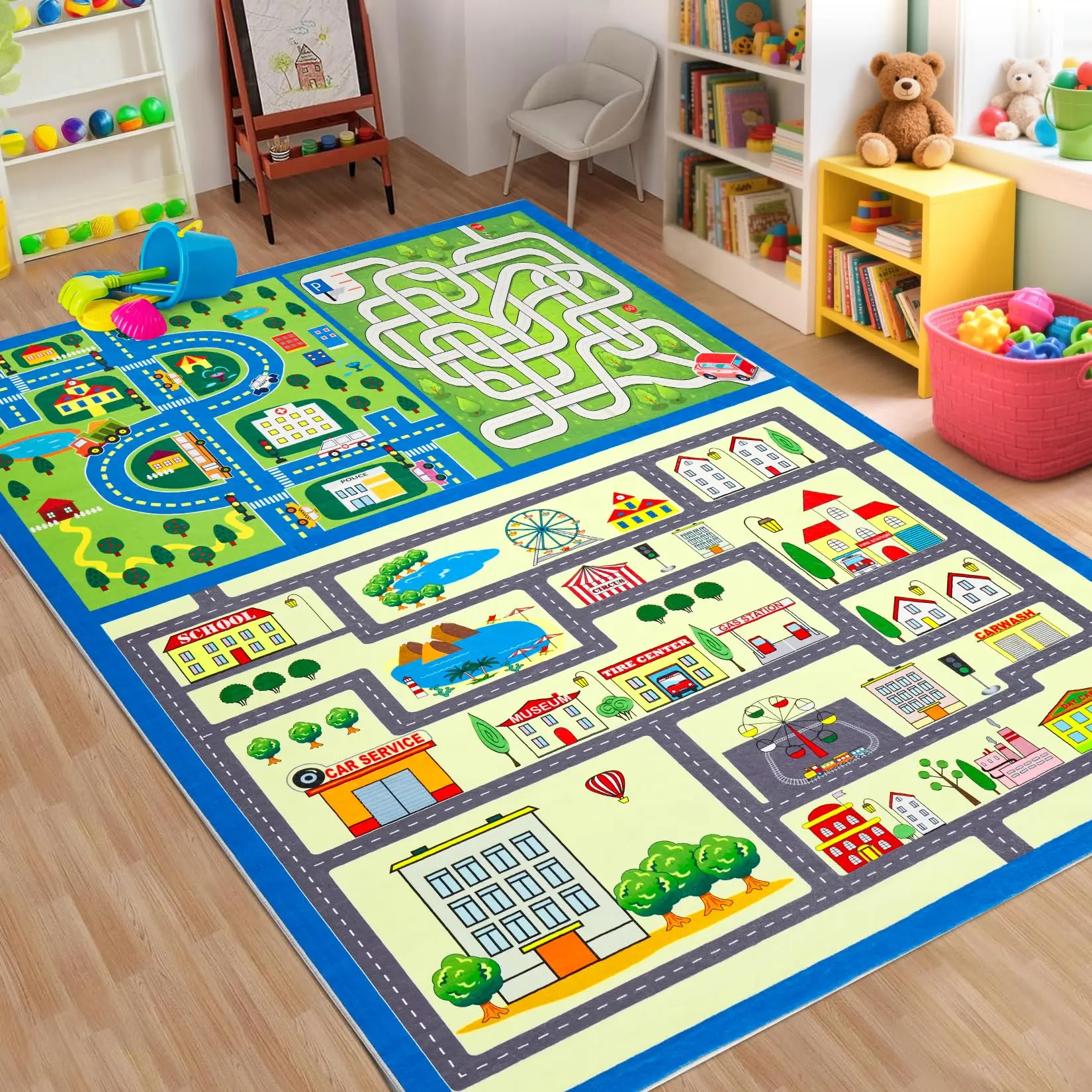 GAOMON Washable Play Rugs in 4x6 ft, 5x7 ft, and 8x10 ft Sizes Featuring City Life Traffic Road Design, Educational and Game Area Rugs Suitable for Toddlers in Bedroom, Playroom, Classroom, or Nursery