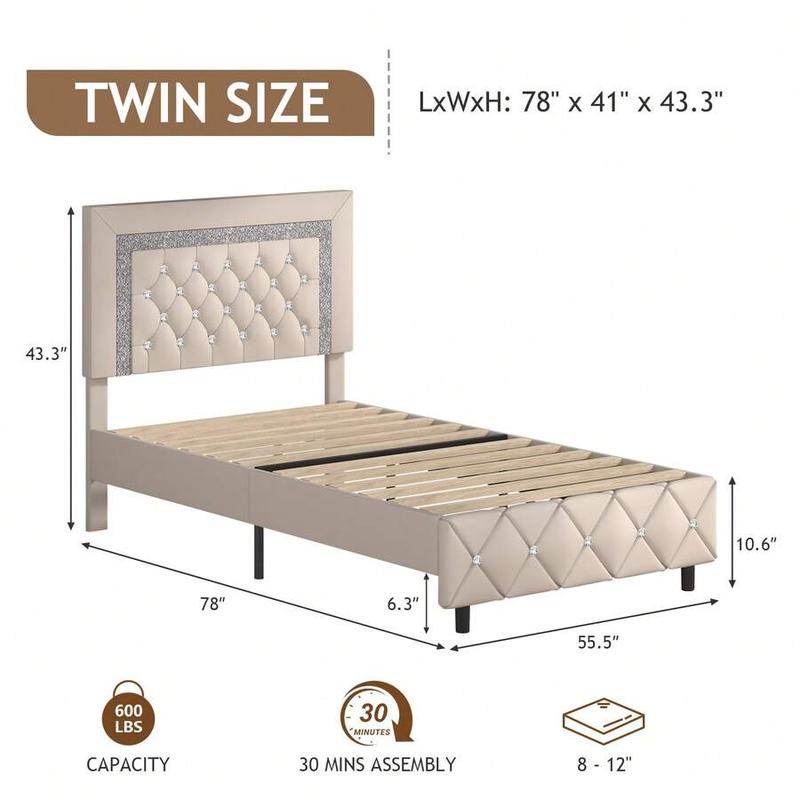 Romantic Luxury Upholstered Bed Frame with Diamond Headboard & Footboard Twin Full Queen Sizes Pearl White Beige Black Grey Pink Purple Green Modern Trendy Sturdy Anti-noise