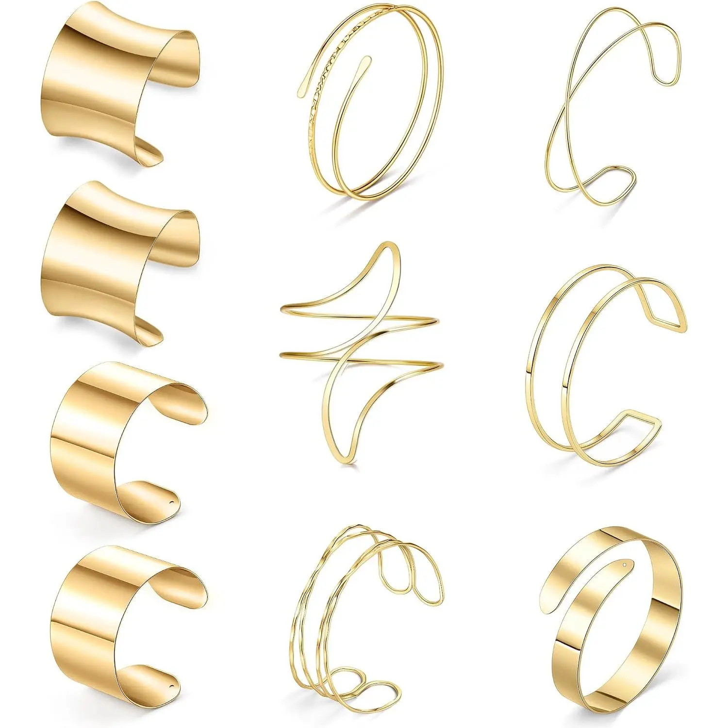 10Pcs Gold Arm Cuff Bracelets for Women, Adjustable Upper Arm Bangle Set with Wide Cuffs & Spiral Wrap Designs, Trendy Statement Jewelry
