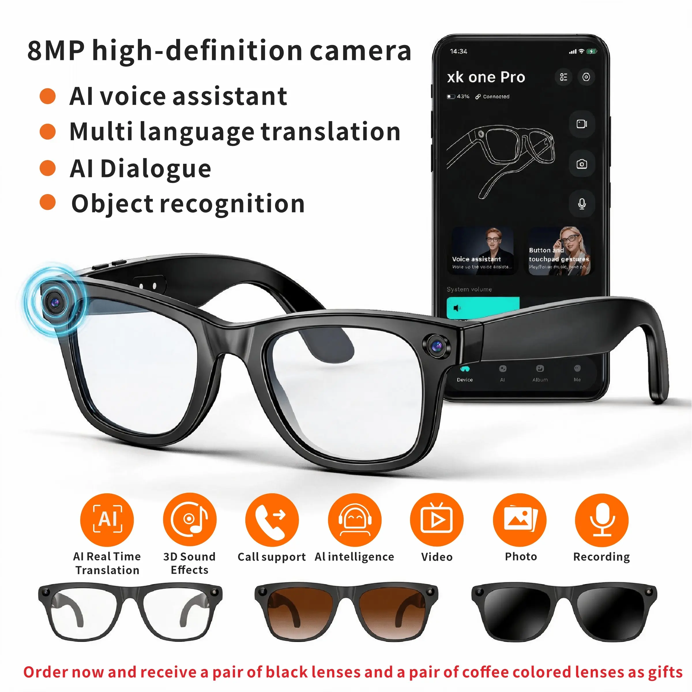 SENBONO upgraded video glasses, 8MP camera, shooting videos and photos, blue light glasses, language translation and photo translation, audio headphones, black and coffee colored lenses for free when ordering, ideal gift for women.