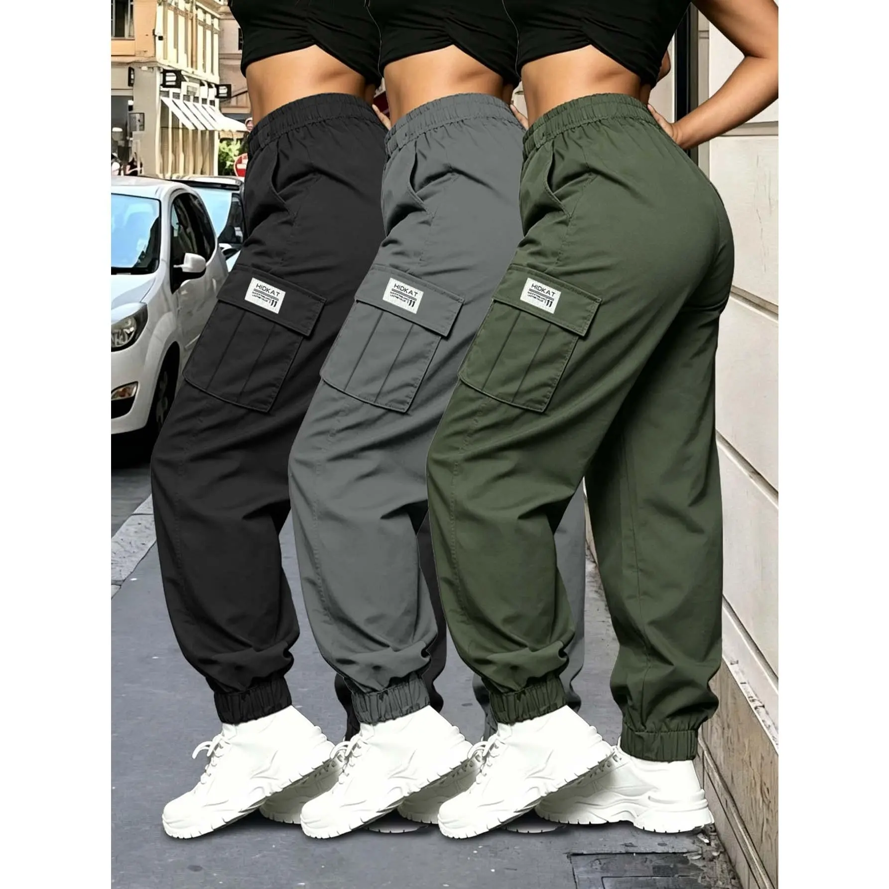 3 Pack Women Solid Cuffed Jogger Pants Elastic Drawstring Waist Big Pockets Streetwear Daily Casual Outing Trousers