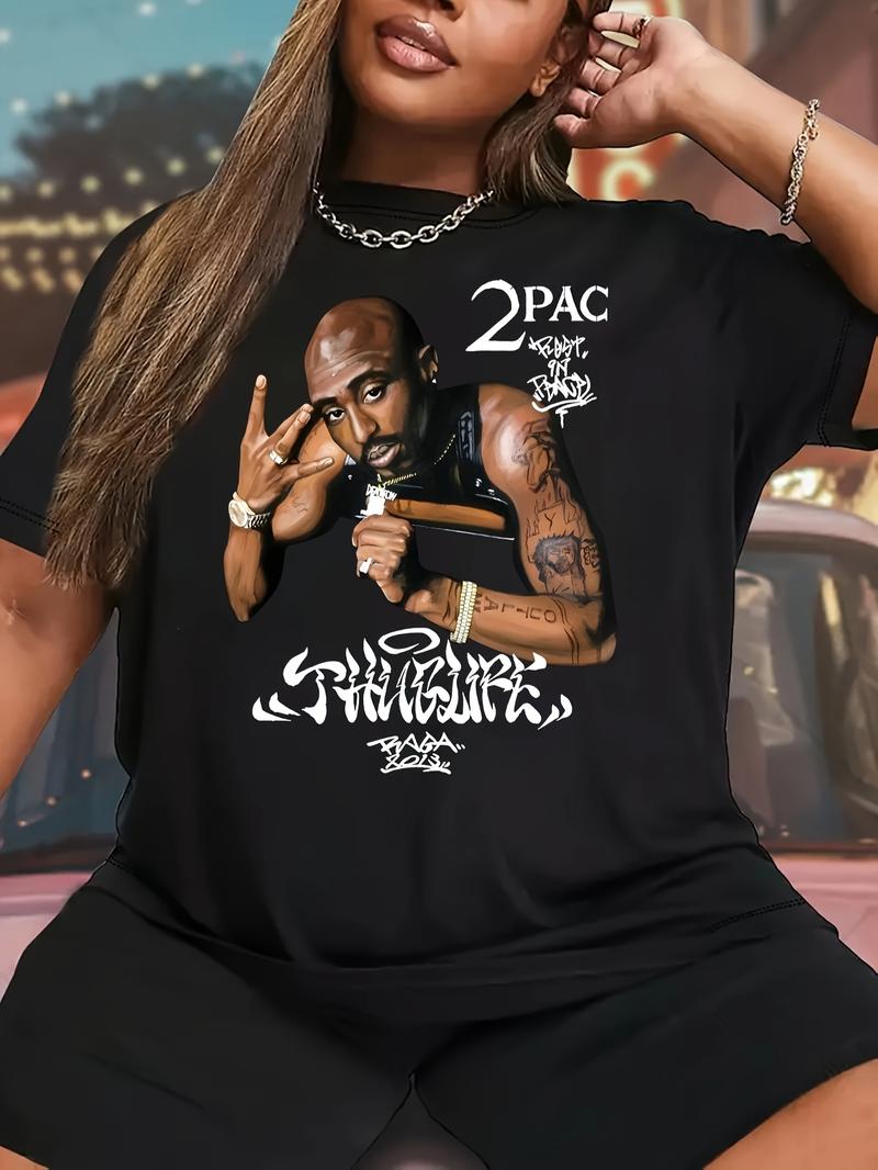 2PAC Letter and Portrait Print Fashion Slimming Round Neck T-Shirt, Casual Polyester Short Sleeve Top for Women, Spring/Summer, Cute T Shirts - Premium 180g Black Cotton Round Neck