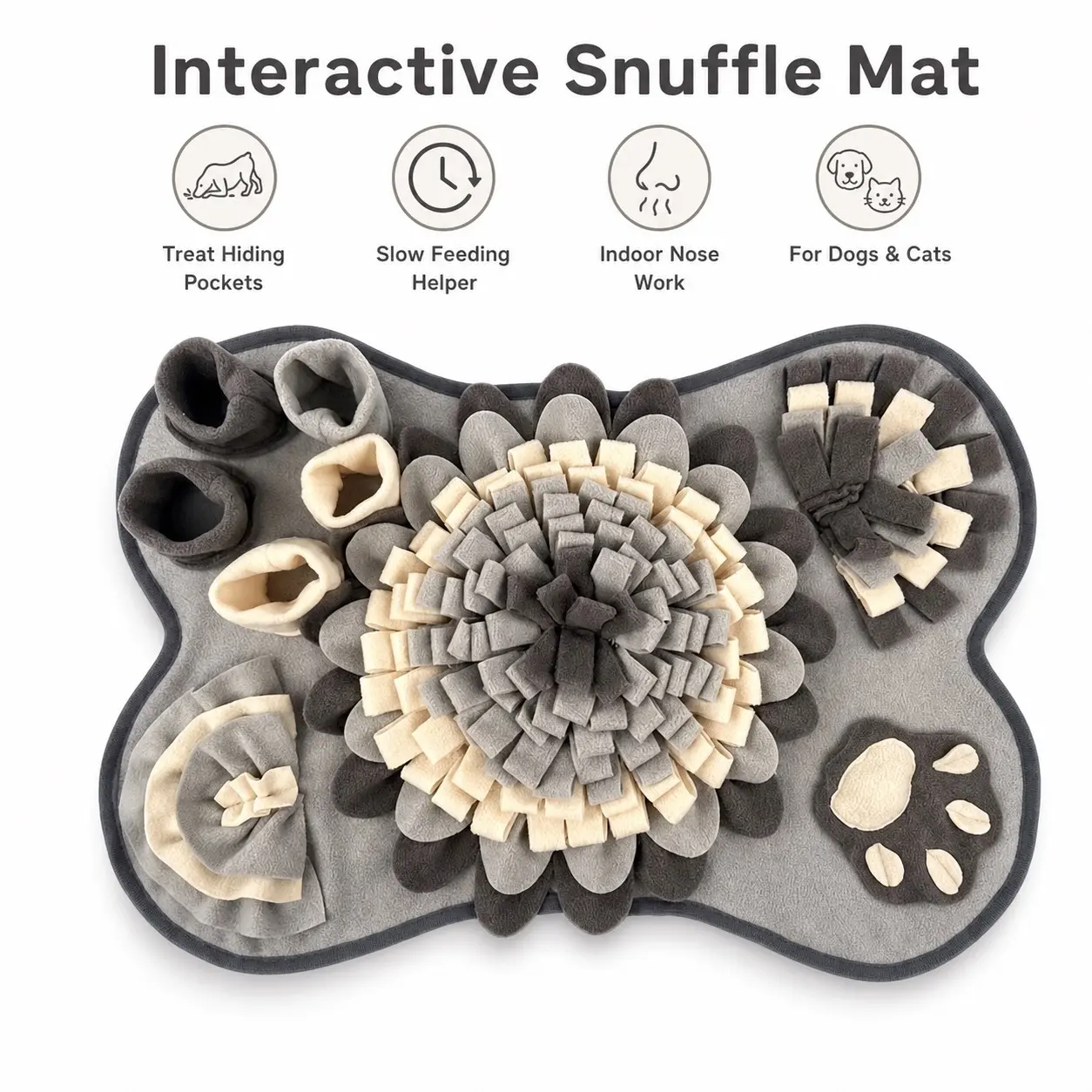 1-Pack Dog Interactive Snuffle Mat, Bone-Shaped Felt Slow Feeder Puzzle Toy with Flower Hide Treat Pockets, Indoor Snuffle Feeding Pad for Puppies & Cats
