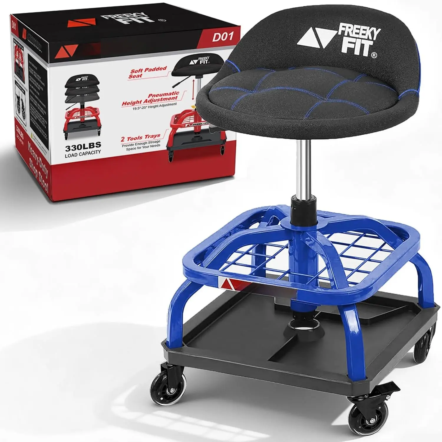 Rolling Shop Stool with Wheels, Garage Work Mechanic Stool with Backrest, Roller Mechanic Chair, Adjustable Height, 360° Swivel, Tool Tray Storage, 330 LBS Capacity, Heavy Duty, Blue