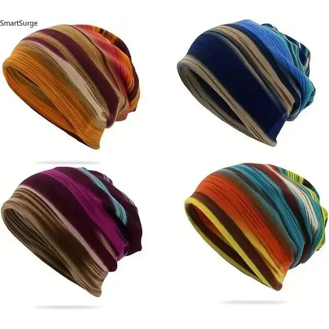 Unisex Cotton Stripe Print Convertible Scarf Beanie Hat - Multifunctional Windproof Outdoor Neck Gaiter Cap, Soft Breathable Headwear for Cycling, Hiking, Cold Weather Outfits