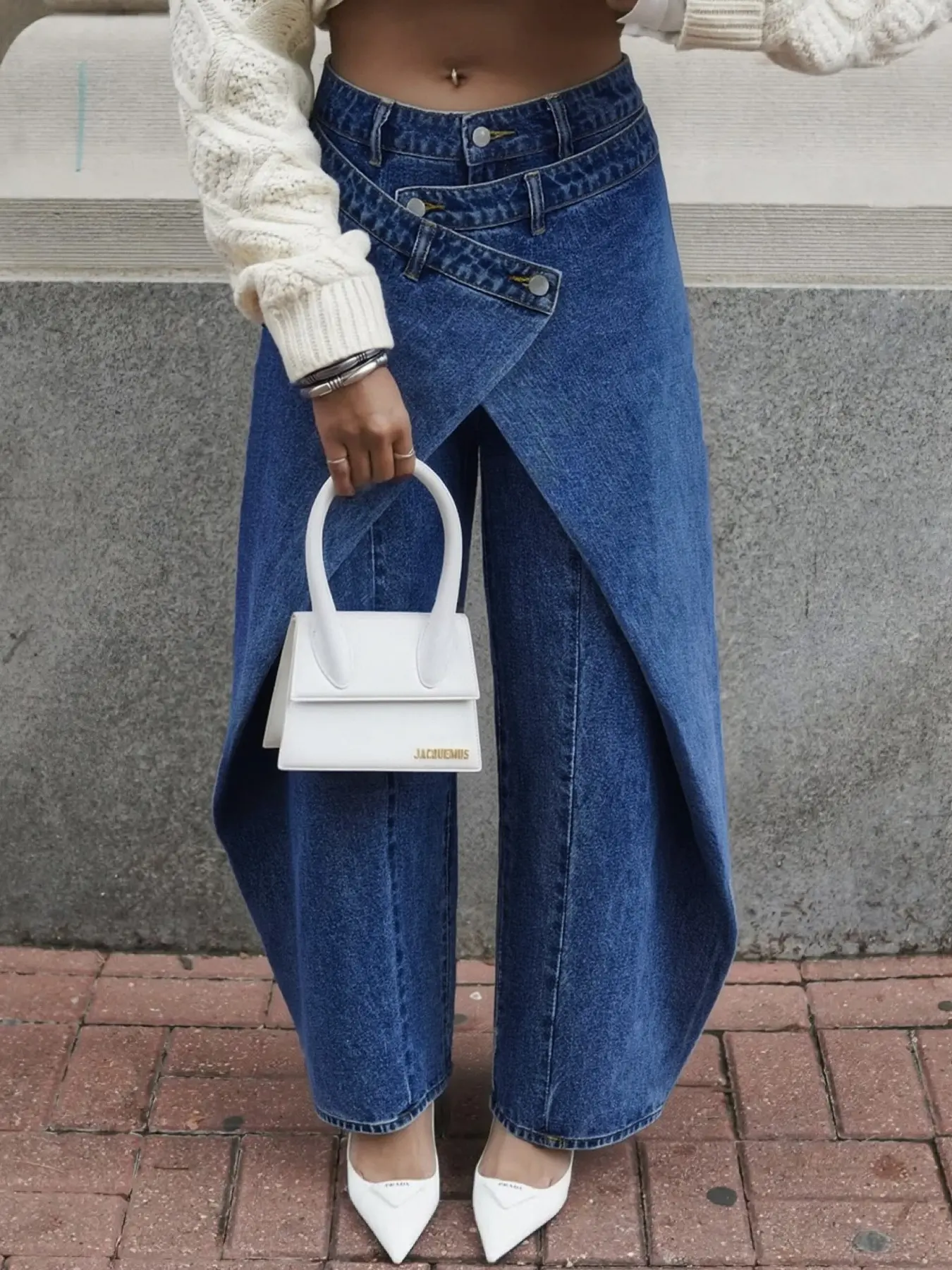 American High Street Retro Blue Women's Jeans, Trendy Pleated Design, High Waist Wide Leg Pants, Loose Fit, Crossed Waistband, Versatile Style