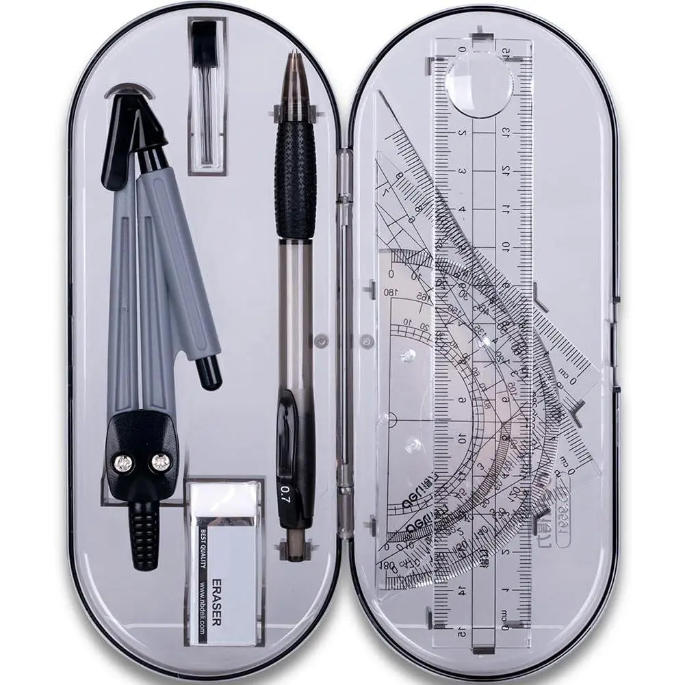 8-Piece Math Geometry Drawing Tools Kit, Office Stationery Measuring Supplies with Shatterproof Box, Pouch, Rulers, Protractor, Compass, Pencil, Eraser for Students, Engineering Drawings