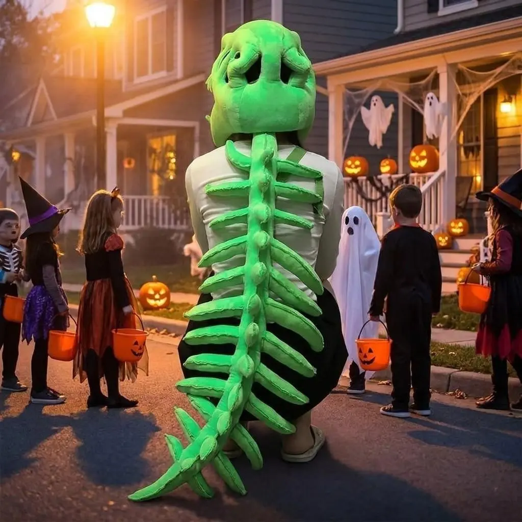 Realistic Dinosaur Skeleton Costume Set for Halloween – Plush Spine Onesie with Headband, Full-Body Dinosaur Outfit for Adults & Party Enthusiasts, Spooky Night Decor for Costume Lovers, Festive Vibe