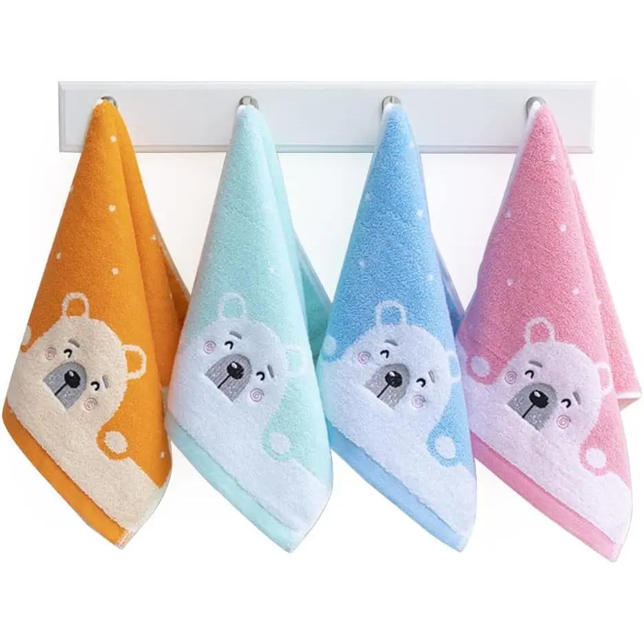 4 Pack Cute Cartoon Bear Pattern Hand Towels, Pure Cotton Children Bathroom Towel Animals, Kids Washcloths, Fingertip Bath Towels  Home Kitchen Bathroom Bedroom, Size 10" x 19.5" New model