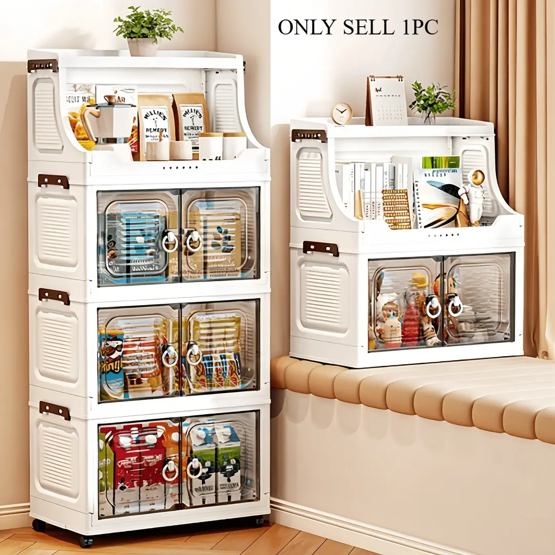 3/4/5/6 layer foldable stacking storage cabinet with wheels, hooks, and pins, multifunctional storage rack, transparent magnetic door, slim roller storage, suitable for small spaces, bathrooms, kitchens, laundry rooms