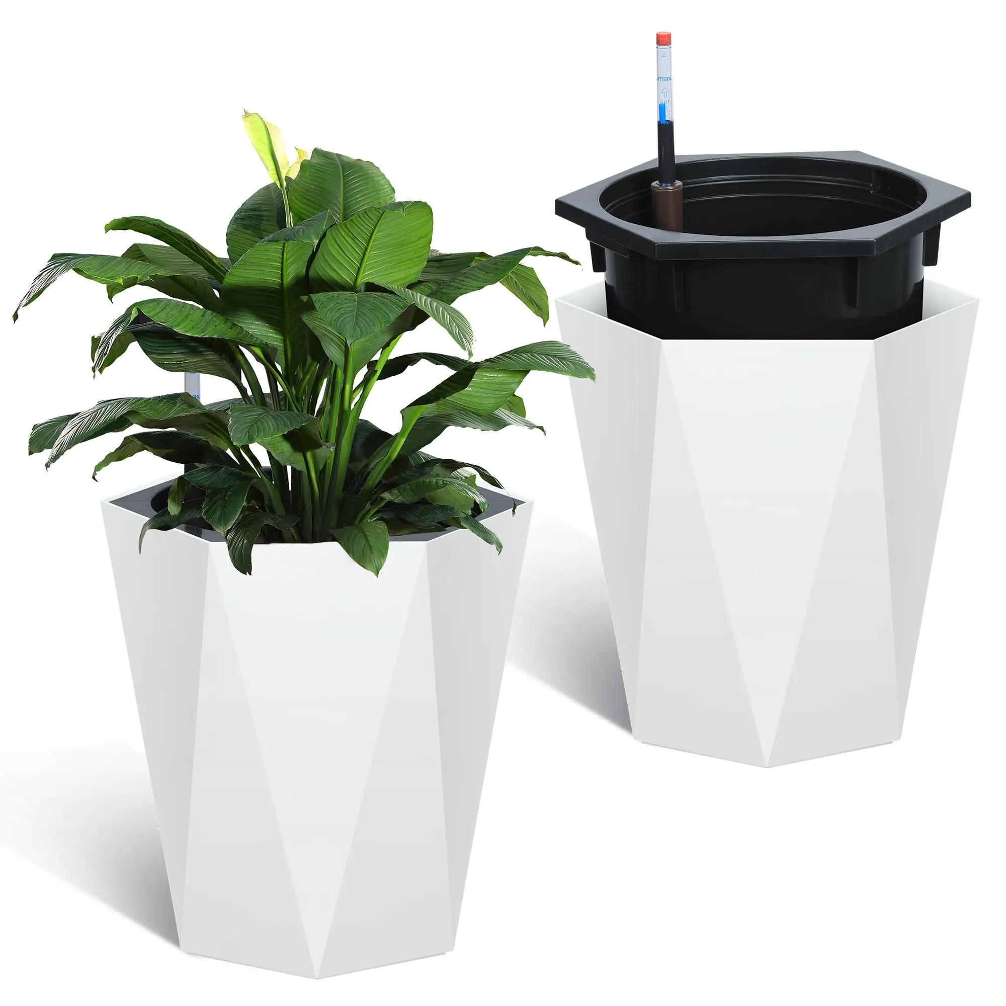 Self-Watering Tall Planters Set of 2, 16 in or 22.5 in Diamond Resin Flower Pots, Black or White, Water Level Gauge, Inner Basket, Drainage Tray & Hidden Wheels, Modern Indoor Outdoor Plant Pots for Patio Garden Living Room Office Home Decor