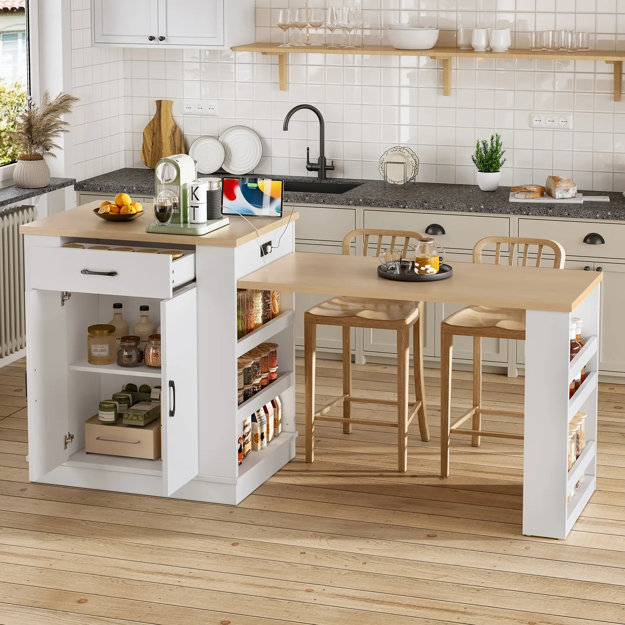 ARCH Extendable Island Console Table with Drawers Double Door Cabinet Open Shelving Dining Table Breakfast Bar Kitchen Island White Furniture for Living Room Dining Room Home Office, Living Room Table for Sofa Side, Bedroom, Office