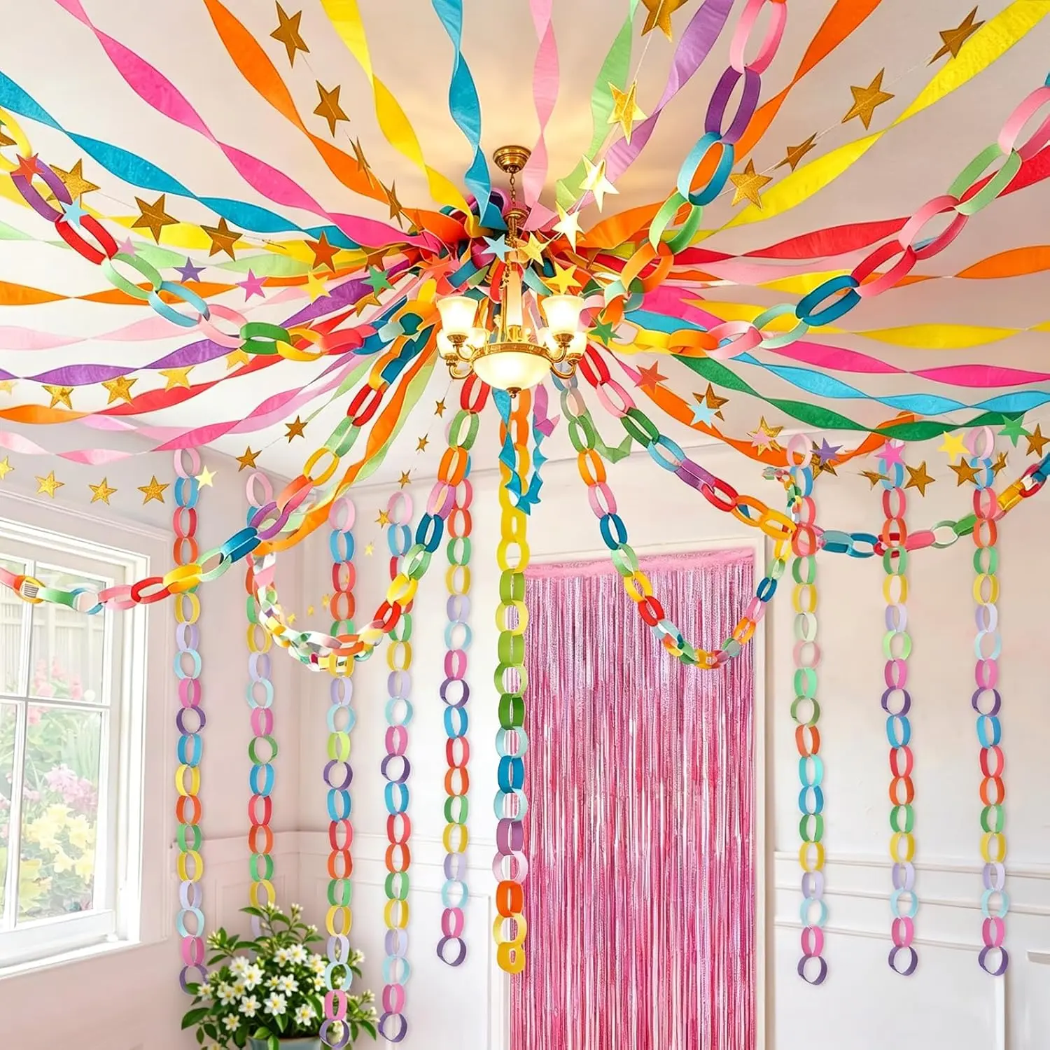 600 Sheets Colorful Paper Chains Strips Crepe Paper Streamers  Garland | paper chain garland,paper garland,for Birthday Wedding Party Decor DIY Crafts,Rainbow,Colorful