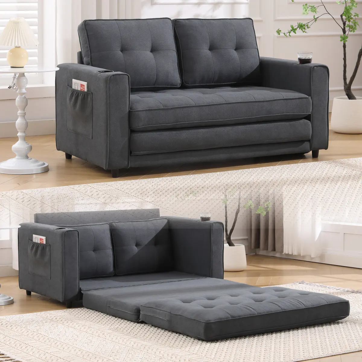 Aobtkel 3-in-1 Tufted Upholstered Futon Sofa Bed - Foldable Loveseat with Pull-Out Sleeper, Sponge Foldable Mattress, Side Pockets, Cup Holder, Ideal for Family, Kid Room, Watch Party, Dark Gray