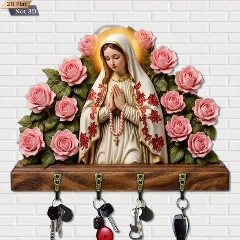 Space Saving Wooden Wall Mount Key Holder With Four Hanging Hooks, Vintage Religious Wall Ornament Carved With Virgin Mary And Rose Motifs, Practical Entryway Storage Organizer For Daily Household Home Layout Decoration