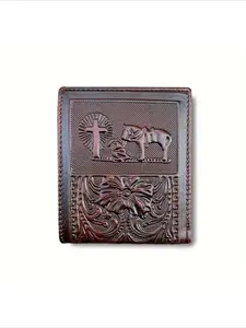 Men's Genuine Leather Wallet Western Cowhide Wallet Cowboy Prayer Print Full Grain Leather Short Bifold Wallet,Gift for Husband Boyfriend