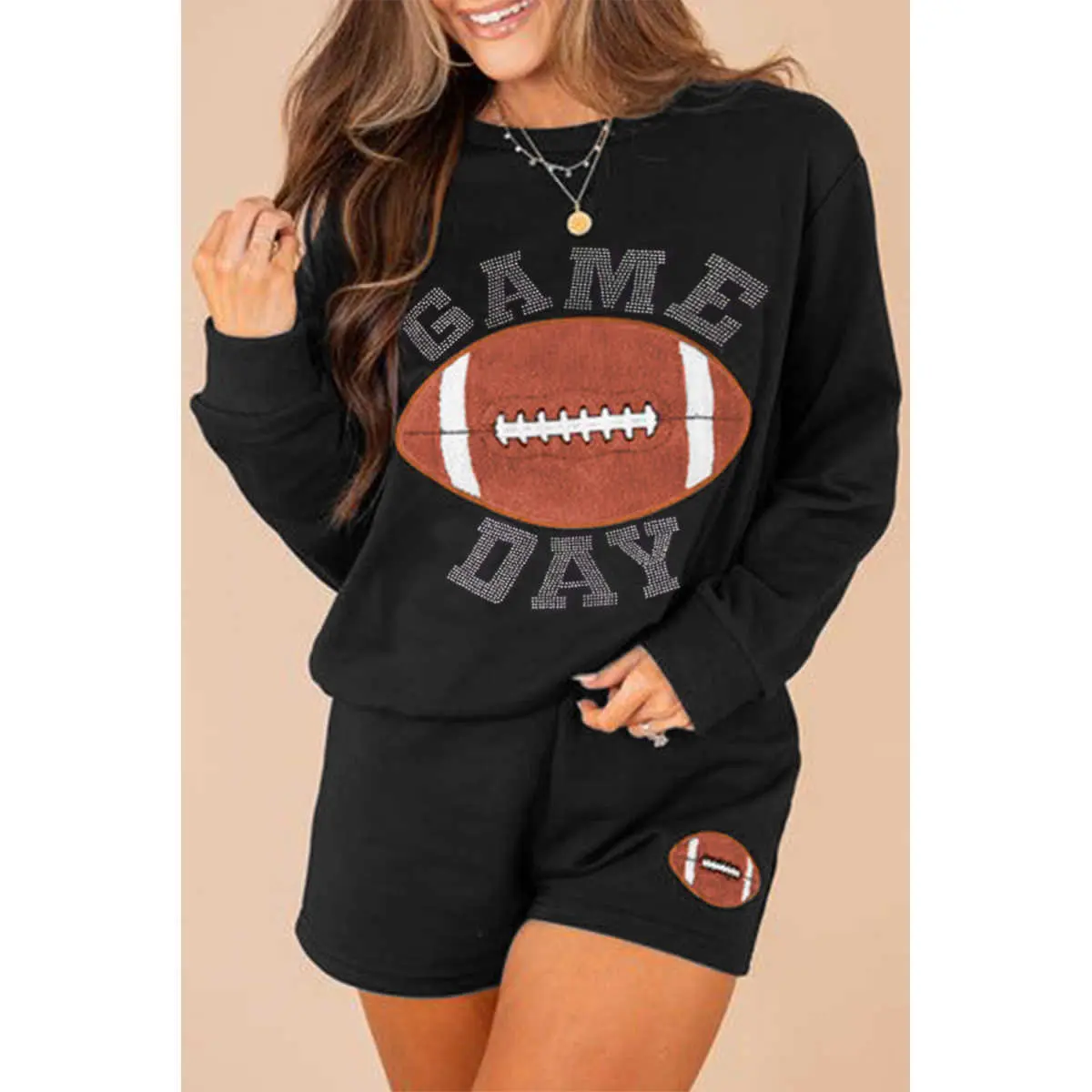 Women's Game Day Football Graphic Pullover Shorts Set, Sports Two Piece Casual Outfit, Relaxed Fit Lounge Set for Everyday Wear
