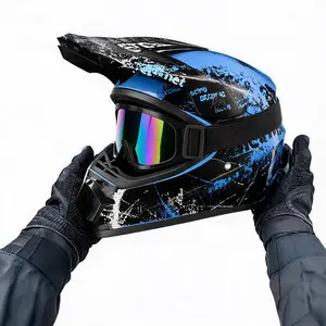 Bright Blue Splatter Blue Black Adventure Riding Helmet Adult Wide Vision ATV Helmet Adjustable Visor Off Road Quick Release Buckle Graphic Full Face Motocross UTV Helmet with Goggles Racing Helmet Dirt Bike Helmet Motorcycle