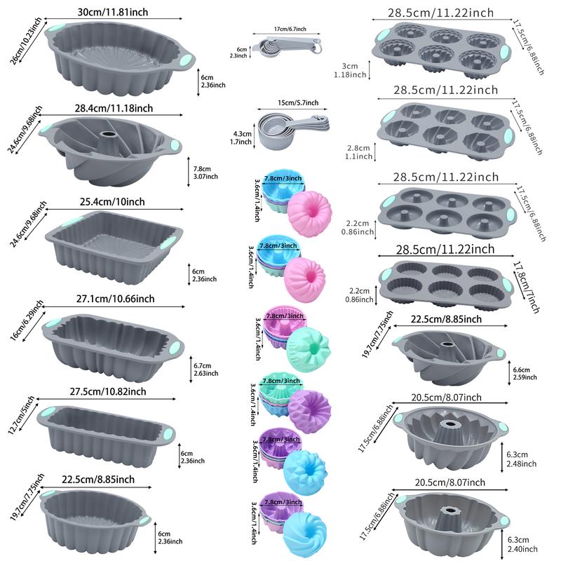 46/25 Pieces，Silicone Bakeware Set, Non-Stick Kitchen Oven Baking Pans, Silicone Cake Molds with Cake Pan, Chiffon Cake Pan, Donut Pan, Charlotte Cake Pan, Square Cake Pan and Loaf Panilicone .Dishwasher safe,Halloween gift. Birthday Fluted Bundt Cake Pan