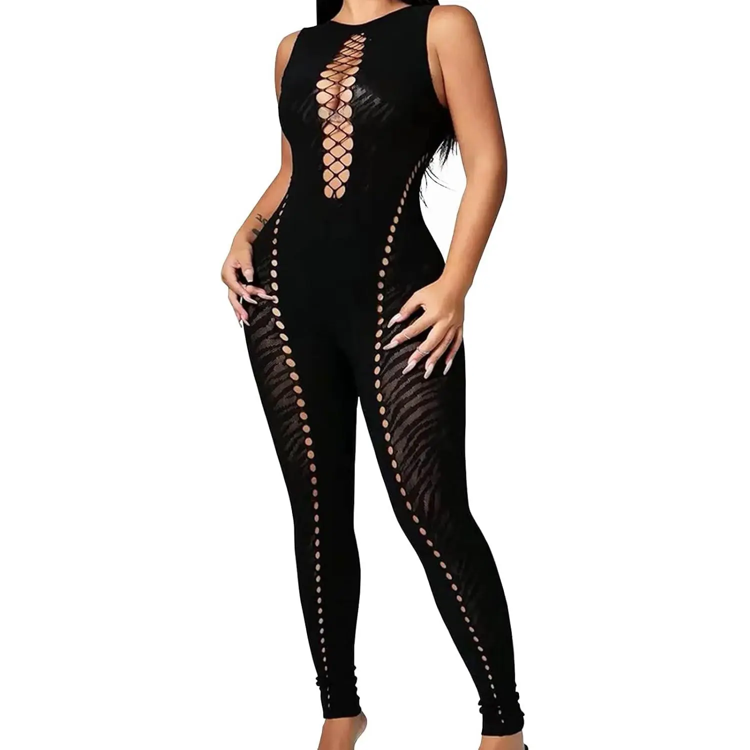 Sexy Mesh Jumpsuit for Women, Fishnet Leopard Sleeveless Bodycon One Piece Club Black Jumpsuits Rave Outfit