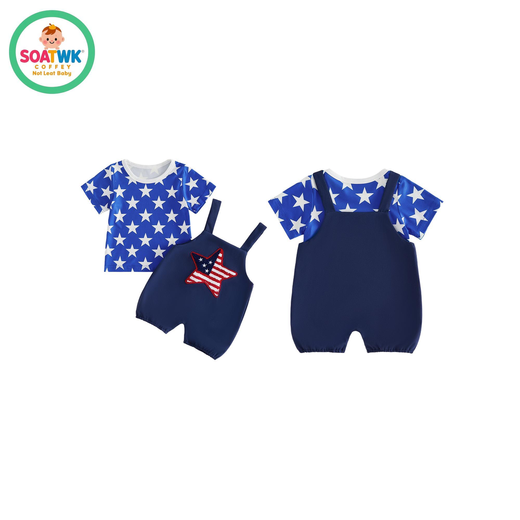 Baby Girls Independence Day Pants Sets Short Sleeve Stars/Stripe Print Tops Suspender Pants Summer Outfits