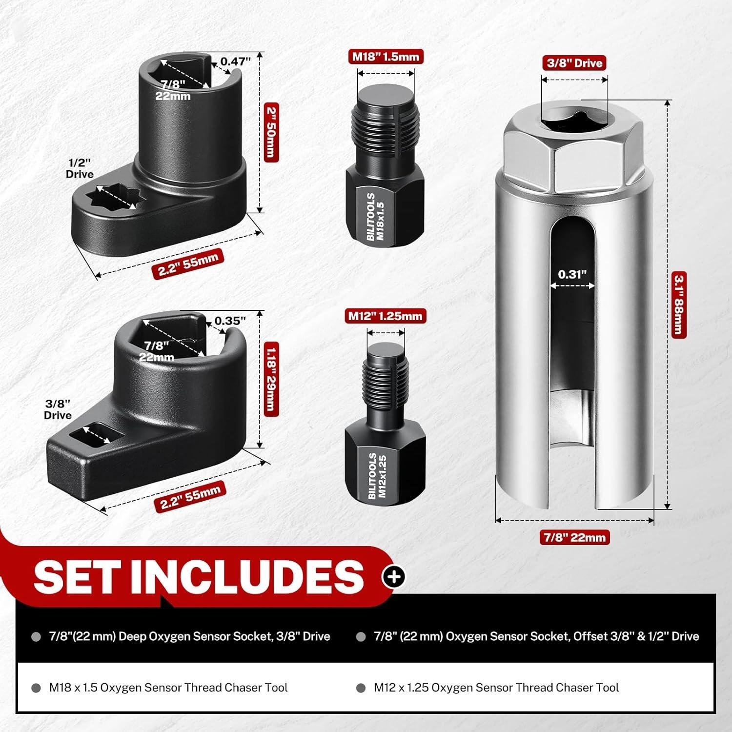 5 count O2  Sensor Socket Set, 7/8" (22mm) Offset O2 Sensor  Kit with Thread Chasers, 3/8" & 1/2" Drive