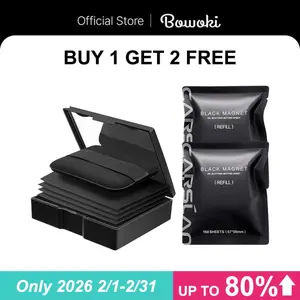 Buy 1 get 2 free Makeup Blotting Paper with Powder, Black Magnet Blotting Sheet for Oily & Combination Skin, Portable Compact with Puff & Mirror, Keeps Makeup Fresh All Day, 400 Sheets + 8 Refill Adhesive Pads