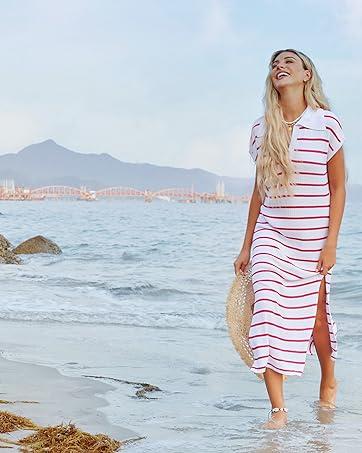 Imily Bela Womens Striped Summer Dresses Short Sleeve V Neck Knit Collared Sexy Slit Loose Maxi Sweater Dress Imily Bela Womens Striped Summer Dresses Short Sleeve V Neck Knit Collared Sexy Slit Loose Maxi Sweater Dress