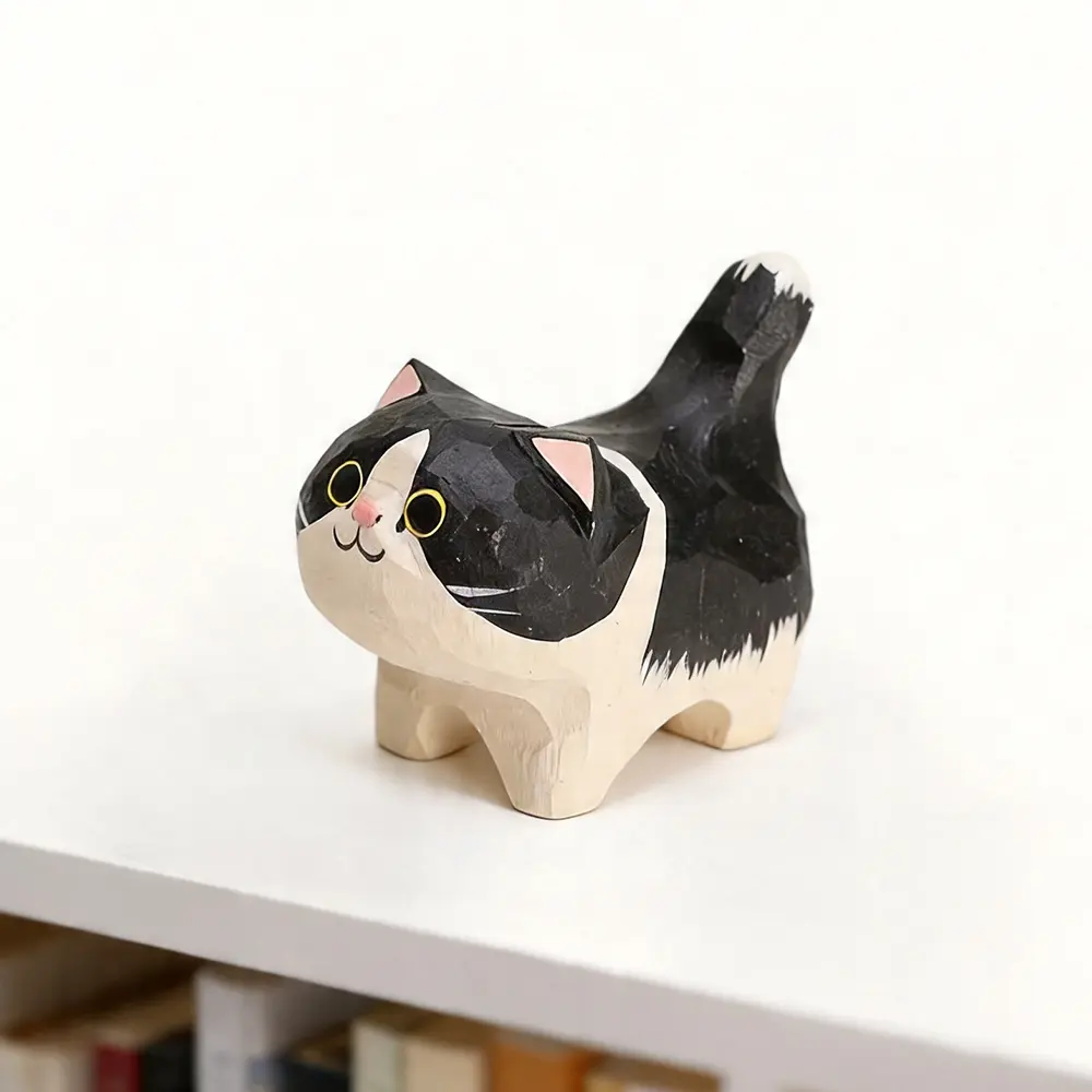 Hand-Carved Tuxedo Cat Wooden Ornament, 1-Count Desktop Statue, Creative Home Decor for Living Room & Office, Cute Collectibles Figurine