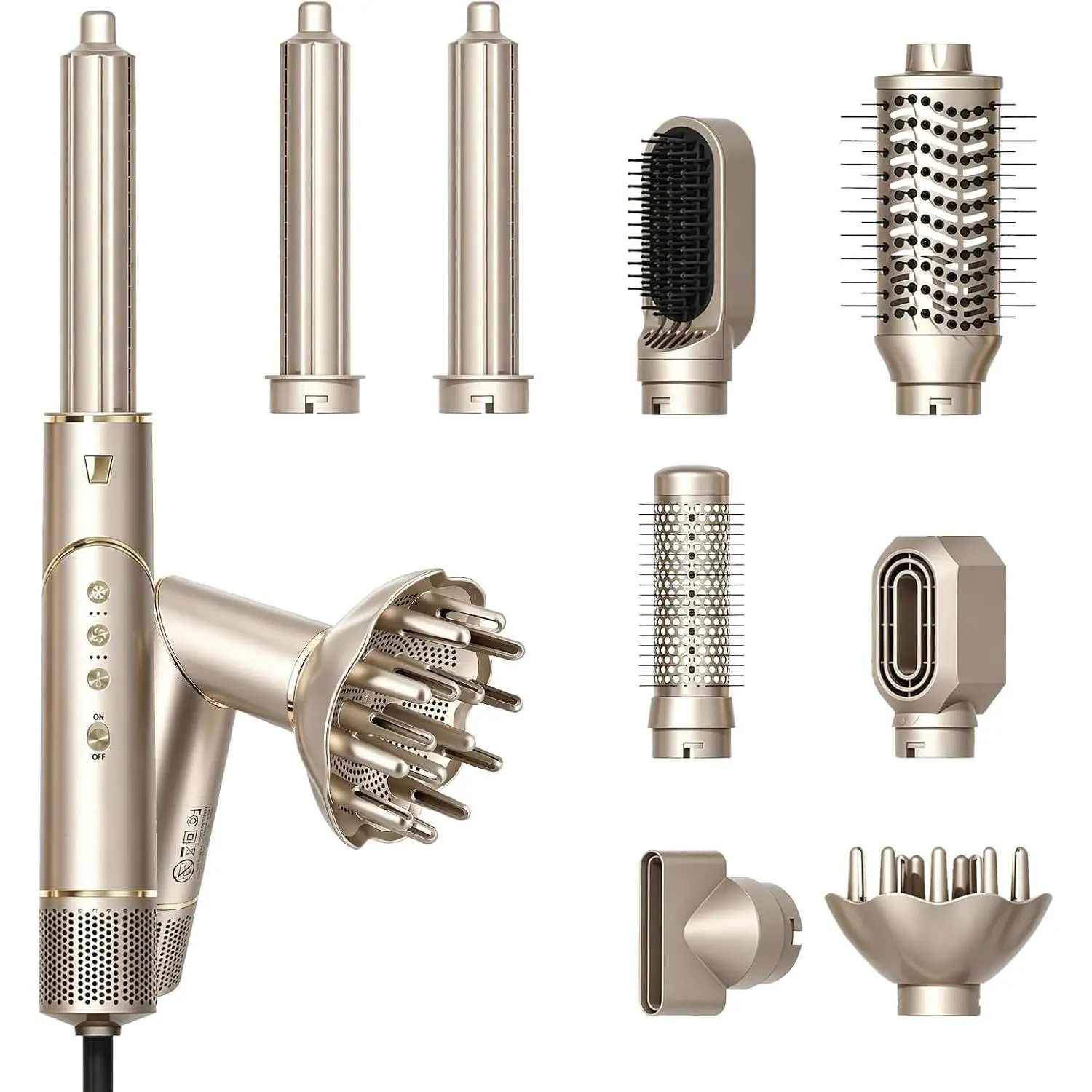 5 in 1 Hot Air Hair Styler, 110,000 RPM High Speed Hair Dryer Brush, Ionic Air Styler Wrap with Fast Drying, No Heat Damage Air Multi Styler for Volumize, Curl, Straighten for Travel, Gold