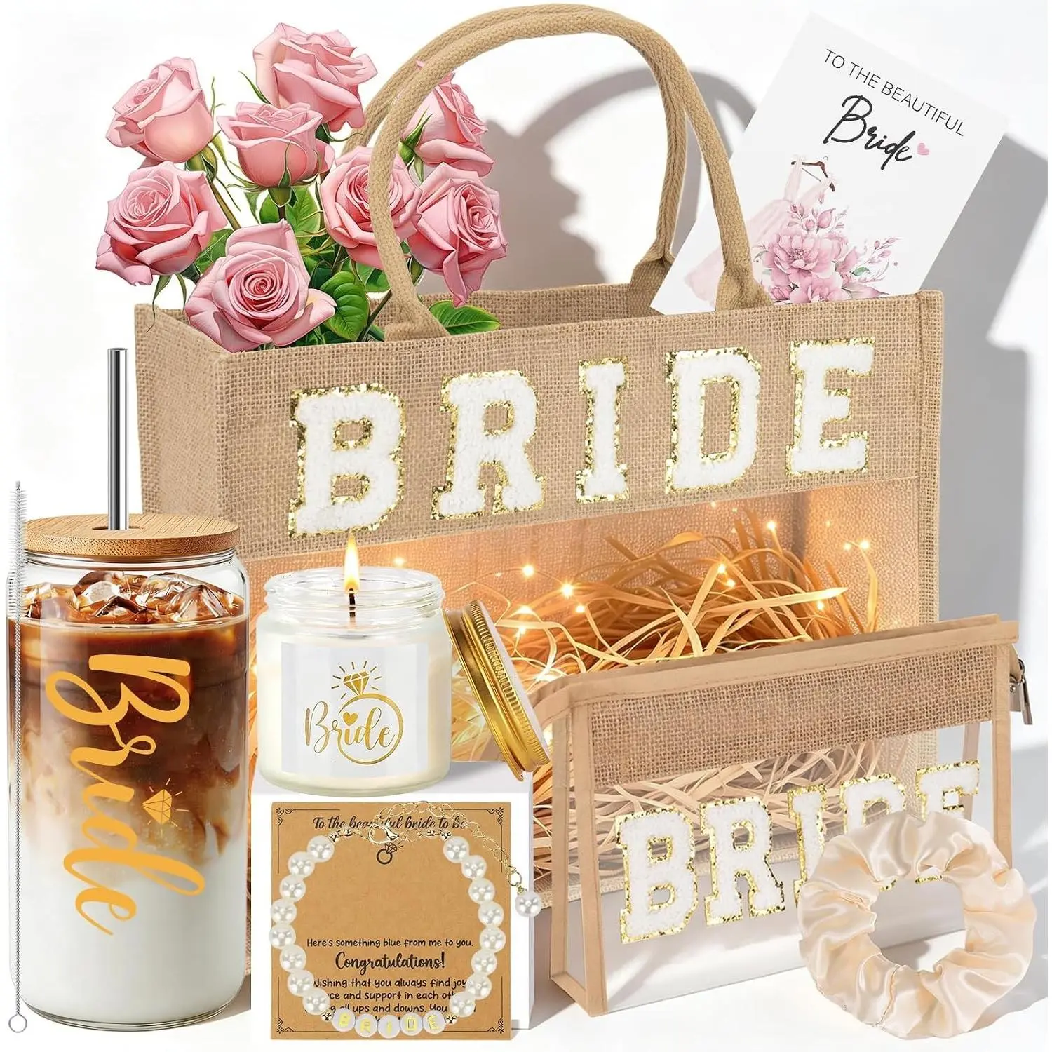 Bridal Shower Bride Gift Basket with Pearl Bracelet, Satin Cup & Satin Box - Bride-To-Be Honeymoon Gift Set for Wedding Events