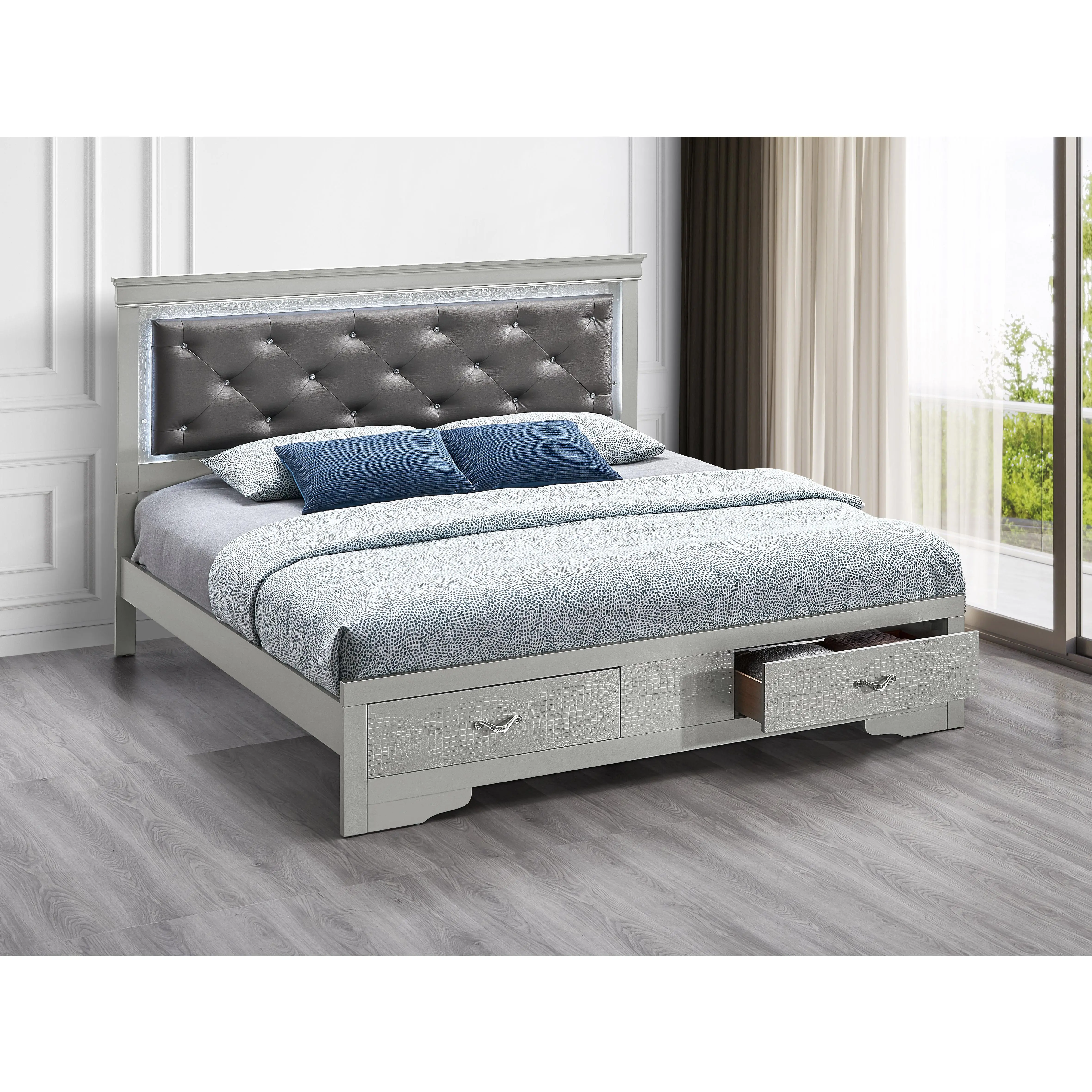 Nokaa Queen Bed Frame with Headboard, Silver Champagne Metal Platform Bed, No Box Spring Needed, Easy Assembly, Modern Bed Base for Bedroom, Multiple Options