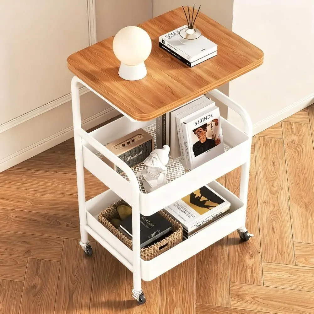 Portable Three-Tier Storage Cart Organizer, 77cm X 43.5cm X 30cm Wooden Top, Durable Carbon Steel Frame, Mobile Wheels, Ideal for Home or Office