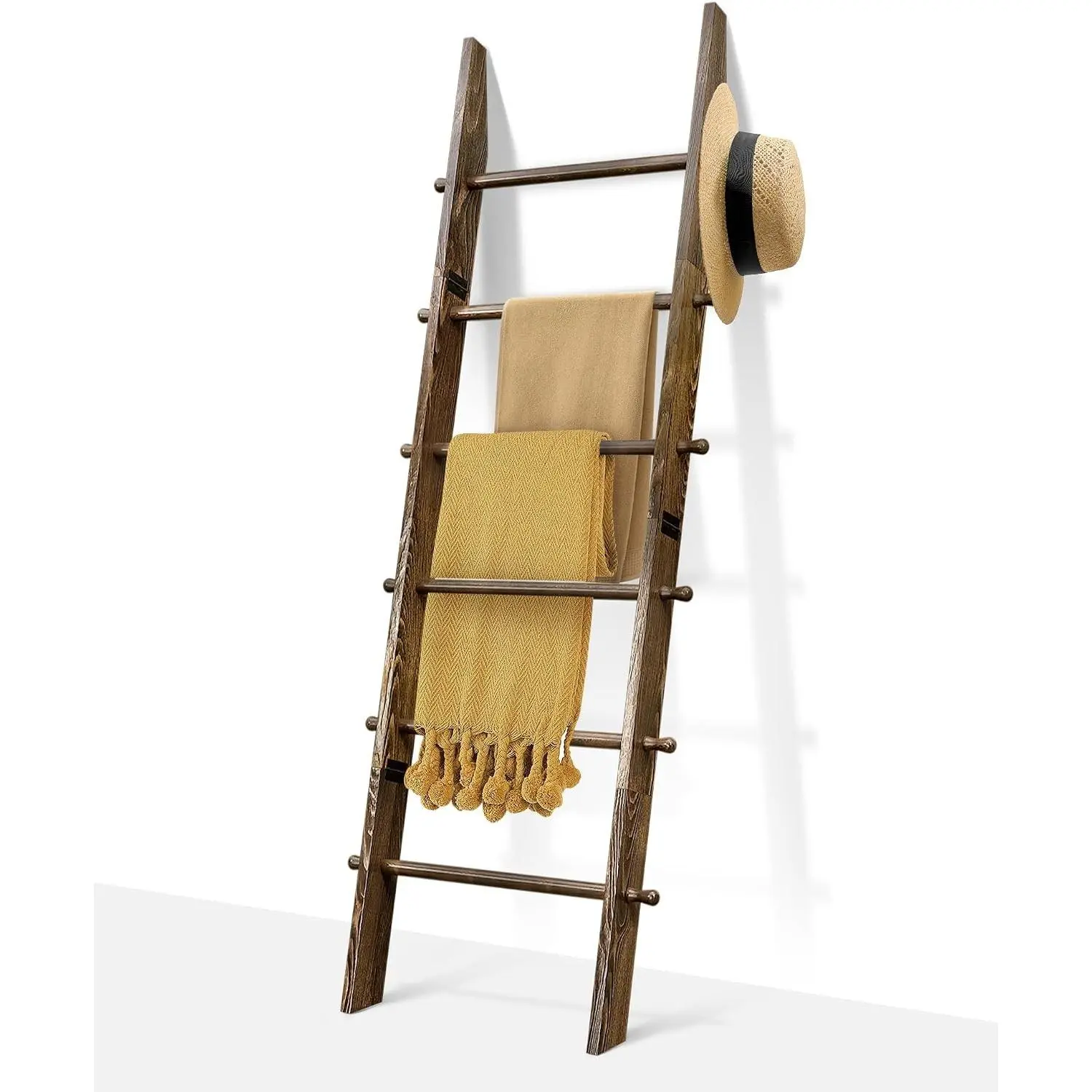 6-Tier 5.4ft Blanket Ladder with Hanging Knobs Rustic Brown | Farmhouse Wall Leaning Solid Wood Scratch & Slip Proof Quilt Rack, Living Room Bedroom Bathroom, Xmas Deco, Easy Setup, Farmhouse Home Decor, Blanket Storage, Rustic Farmhouse Decor