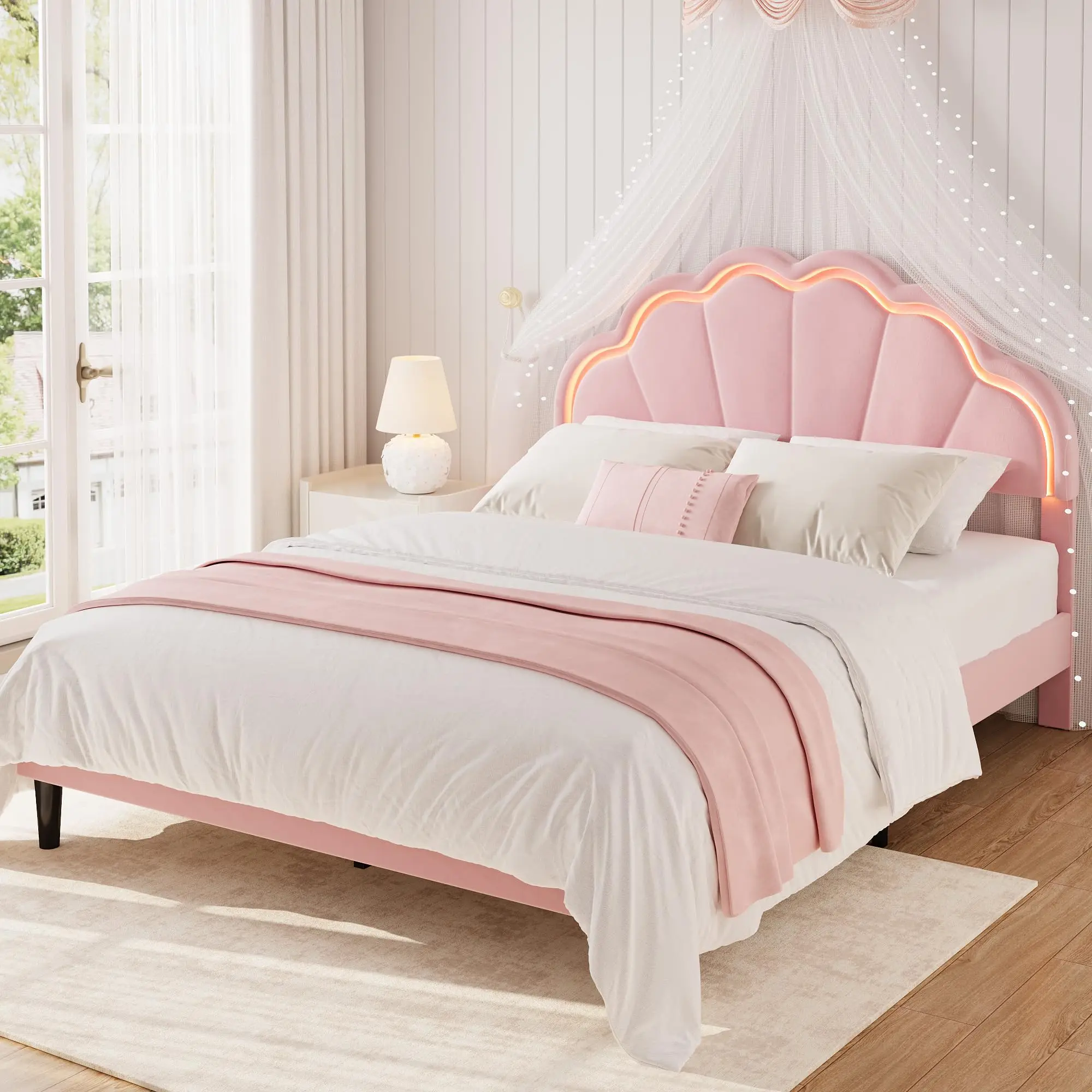 Full/Twin/Queen Size Velvet Platform Bed Frame with Adjustable Seashell Headboard & LED Light & Under-Bed Storage, No Box Spring Needed