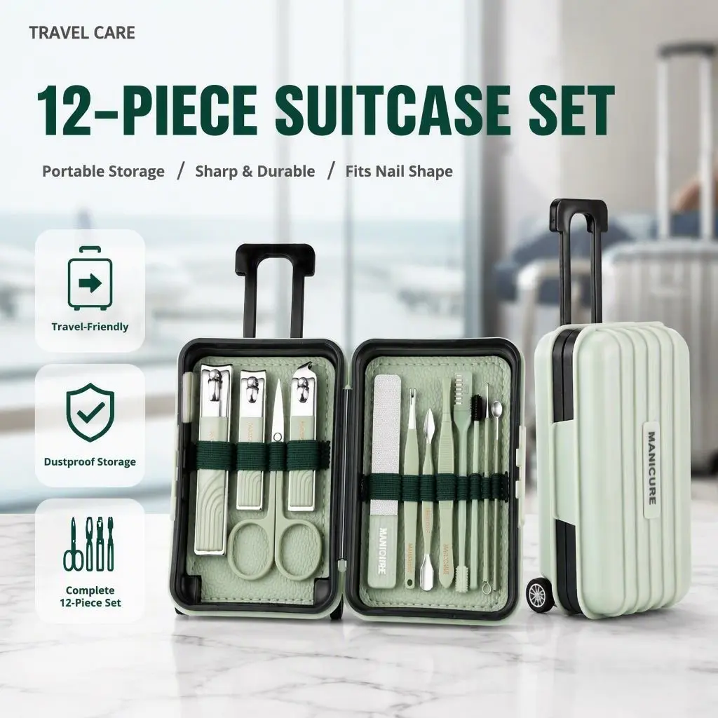 12-Piece Nail Care Kit, Portable Travel Nail Tools, Mini Luggage Style Steel Material, Manicure & Pedicure Tool Set, Nail Kits