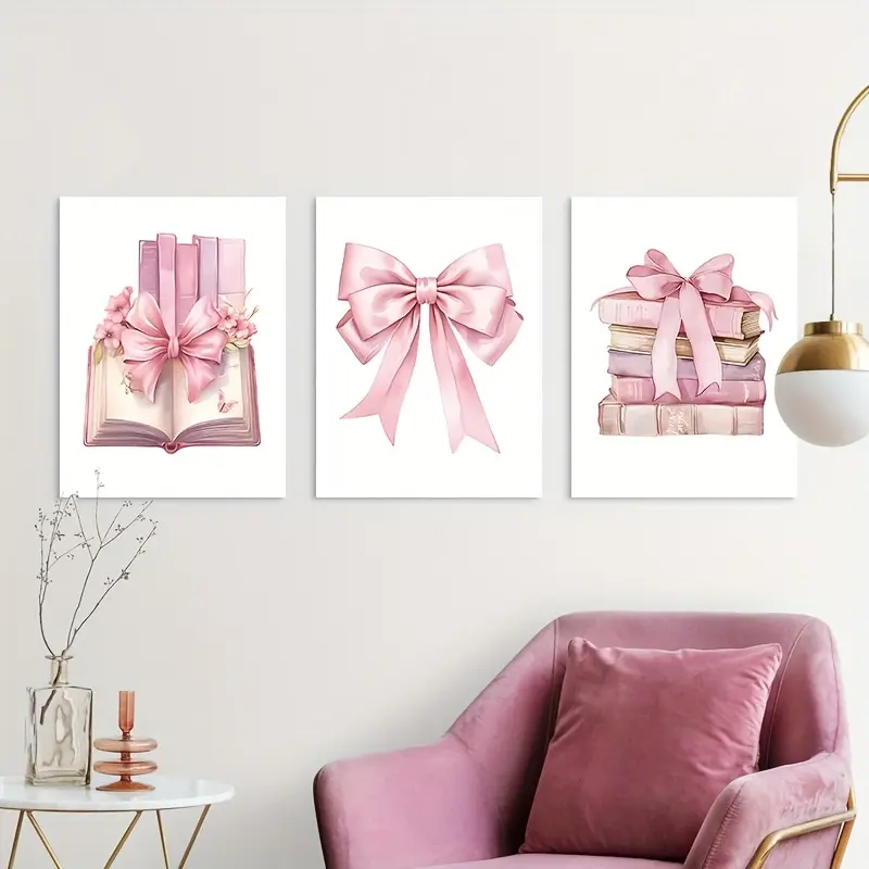 2D canvas poster, 3 pieces in sweet pink tones, featuring books, bows, and flowers, suitable for home, office, kitchen - no electricity required, home decoration