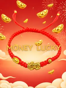 One Piece Wealth & Luck Red String, Chinese Auspicious Jewelry,Adjustable Length, 24K Gold-Plated Copper