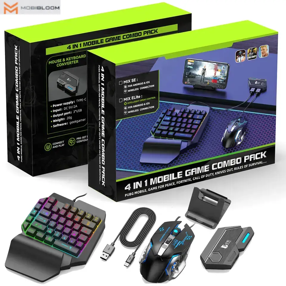 MOBIBLOOM 3-in-1 Converter Single-Hand Keyboard,Game MouseCombination,Supports for Android System, 35 Game-Specific Keys, RGB Lighting, Thin Film Keyboard, ErgonomicDesign,Automatic Press-and-Grab Peripherals for Android not ios