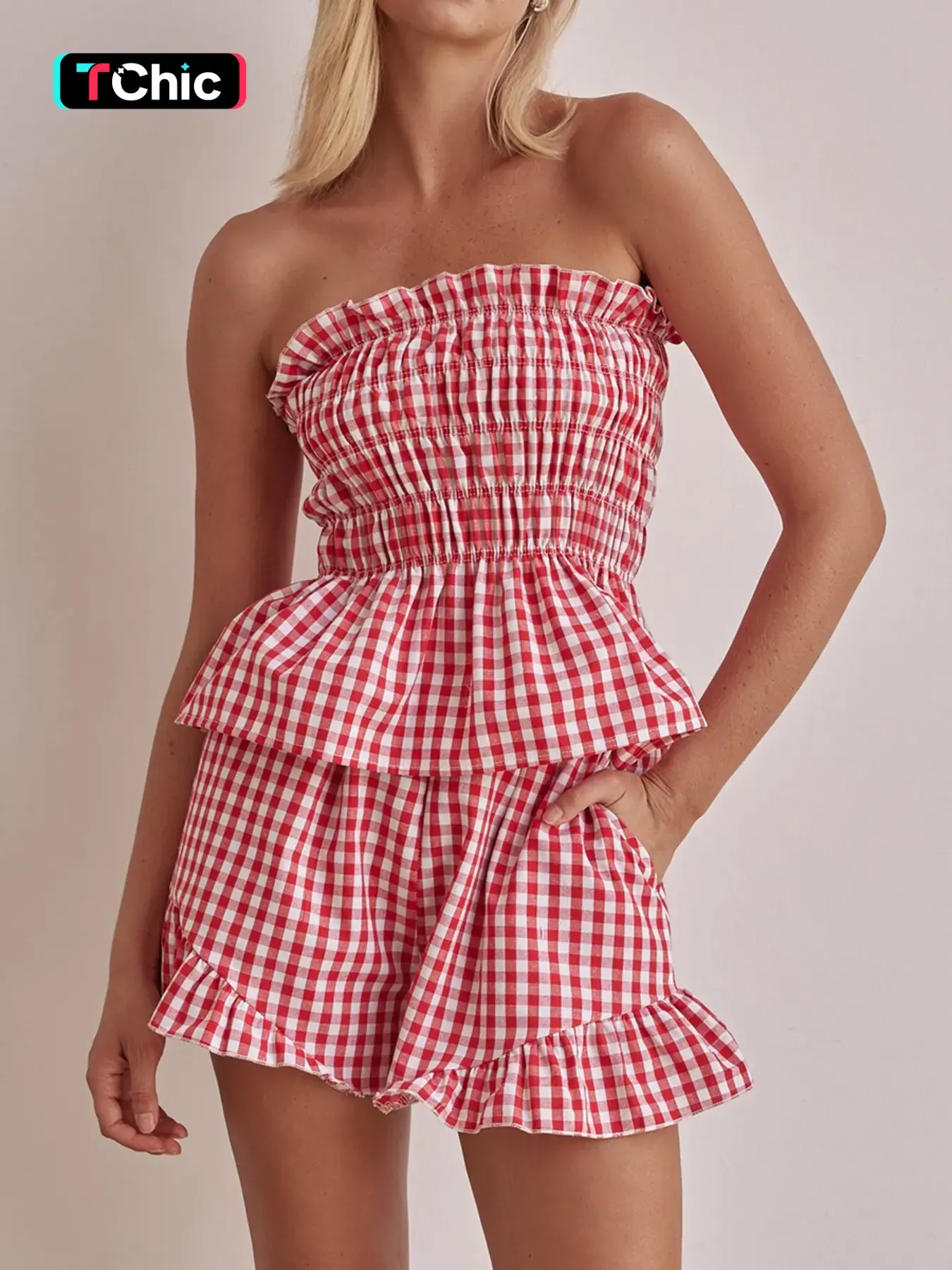 Women's Gingham Print Tie Shoulder Cami Sleeveless Romper & Open Front Crop Outerwear Two-Piece Set, Casual Fashion Two-Piece Outfits for Daily Outdoor Wear, Ladies Clothes for Summer, Overalls
