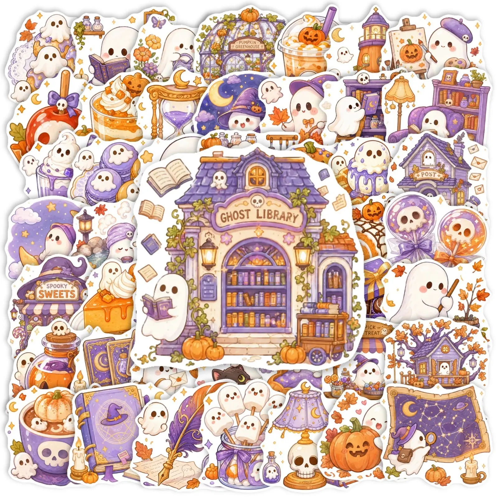 50Pcs Purple Tone Halloween Stickers, Cute Ghost Pumpkin Tree House Decor Stickers, DIY Journal Luggage Water Bottle Decals