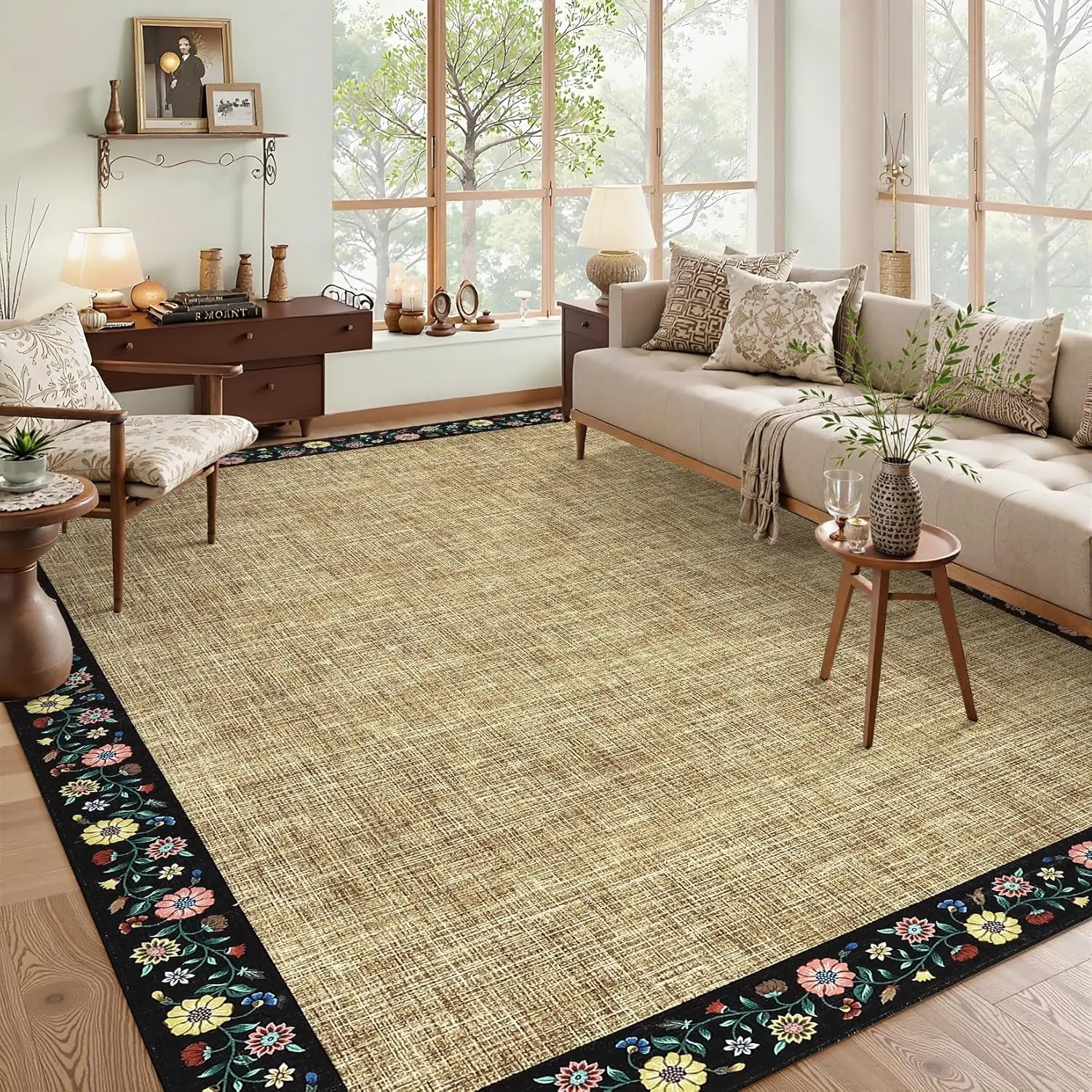 Farmhouse Floral Border Area Rug - Non-Slip, Soft, Non-Shedding, Machine Woven, Thin Low-Pile Floor Covering for Living Room Bedroom Living Room Decor, Indoor Use Rustic Charm, Washable Foldable Printed Mat