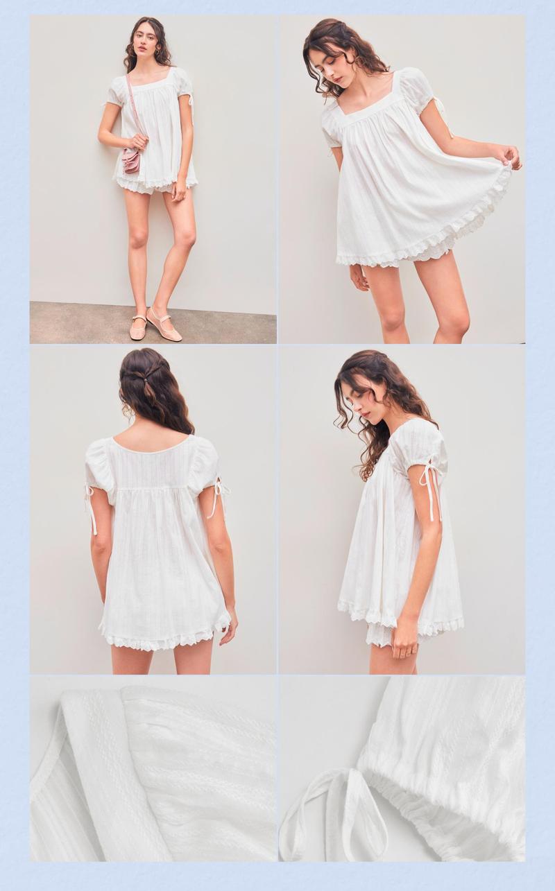 Cider 100% Recycled Cotton Square Neck Solid Ruffle Knotted Short Oversize Sleeve Blouse