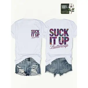 Men's 100% Cotton "Suck It Up Buttercup" Front & Back Printed Graphic T-shirt - Tropical Flowers, Letters, Aesthetic Hot Streetwear Top - Pair with Jeans, Denim Pants, Baseball Outfits vintage clothing oversized tshirt women shirts women  custom shirt wom