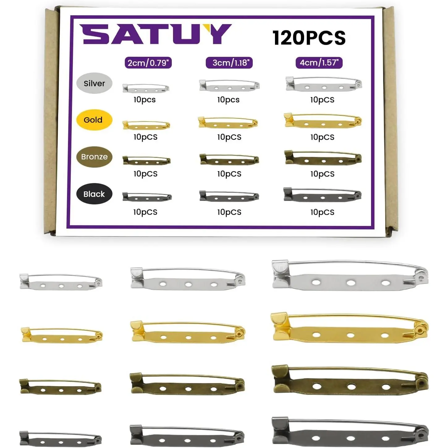 120 Pcs 3 Sizes Bar Pins, 4/5" 1-1/5" 1-3/5" Backs Safety Clasp Brooch Assortment Kit, Pin Badge Backs with Holes for Name Tags Jewelry Making and DIY Crafts (4 Colors)