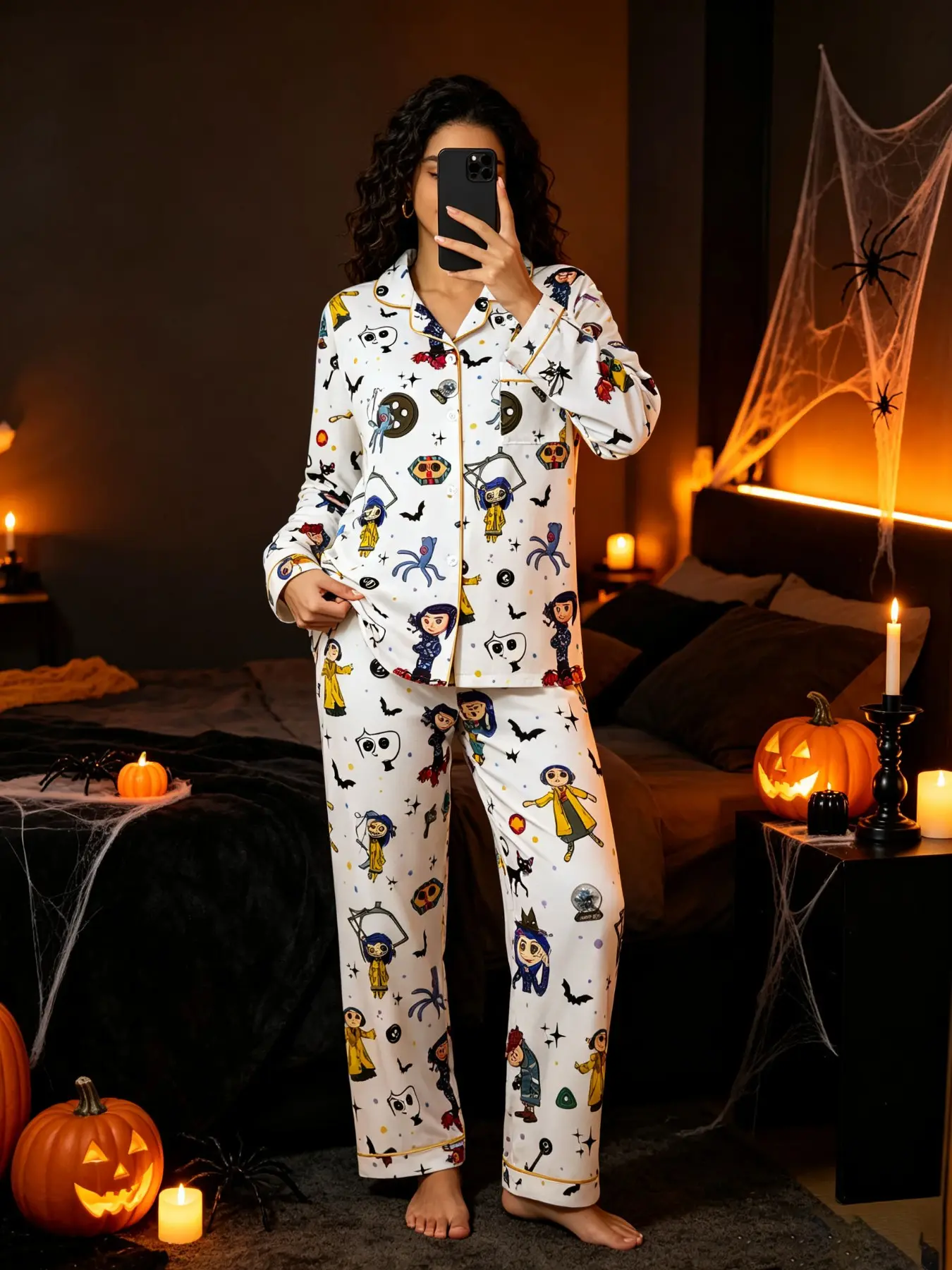 Women's Pajama Set with Cartoon Print, Long Sleeve Shirt and Pants, Casual Fitted Sleepwear, All Seasons, Party Gift, Home Wear