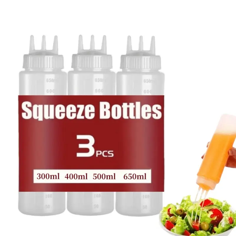 3-Pack Squeeze Bottles 3 Holes Condiment Dispenser 10.14-21.98oz Salad Dressing Ketchup Mustard BBQ Sauce Bottles Kitchen Gadgets Seasoning Containers