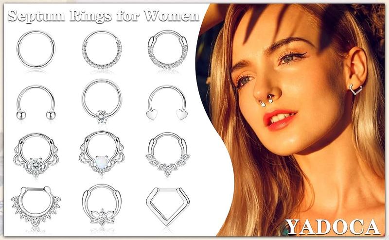 YADOCA 12pcs 16G Septum Rings for Women Men Hypoallergenic Surgical Steel Nose Piercings Jewelry Clicker Hinged Tragus Hoop Earrings CZ Love Nose Ring 8-10mm