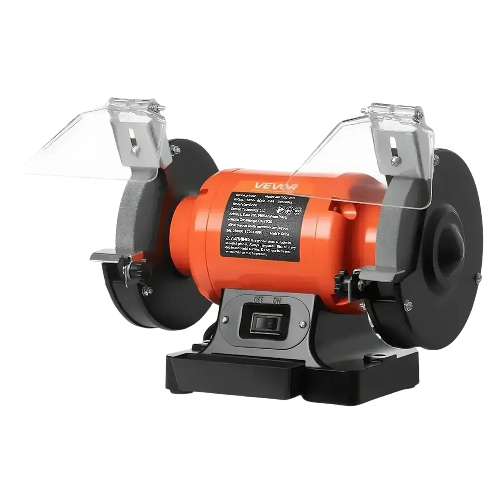 VEVOR MD150G-450 Bench Grinder, 6-in Single Speed Table Grinder with 3450RPM 450W 3.8A Induction Motor, Steel Body, 36/60-Grit 2 Wheels, Adjustable Eye Shield for Sharpening Blades