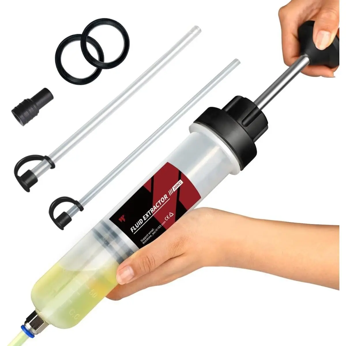 Manual 200cc Automotive Fluid Extractor Pump for Oil Changes, Golf Carts & Lawn Mowers - 2 x 22cm PVC Suction Tubes, 1 Non-Drip Silicon Connector, Transparent Design, Manual Pump